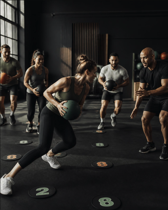 Trainer coacht een deelnemer tijdens een actieve oefening