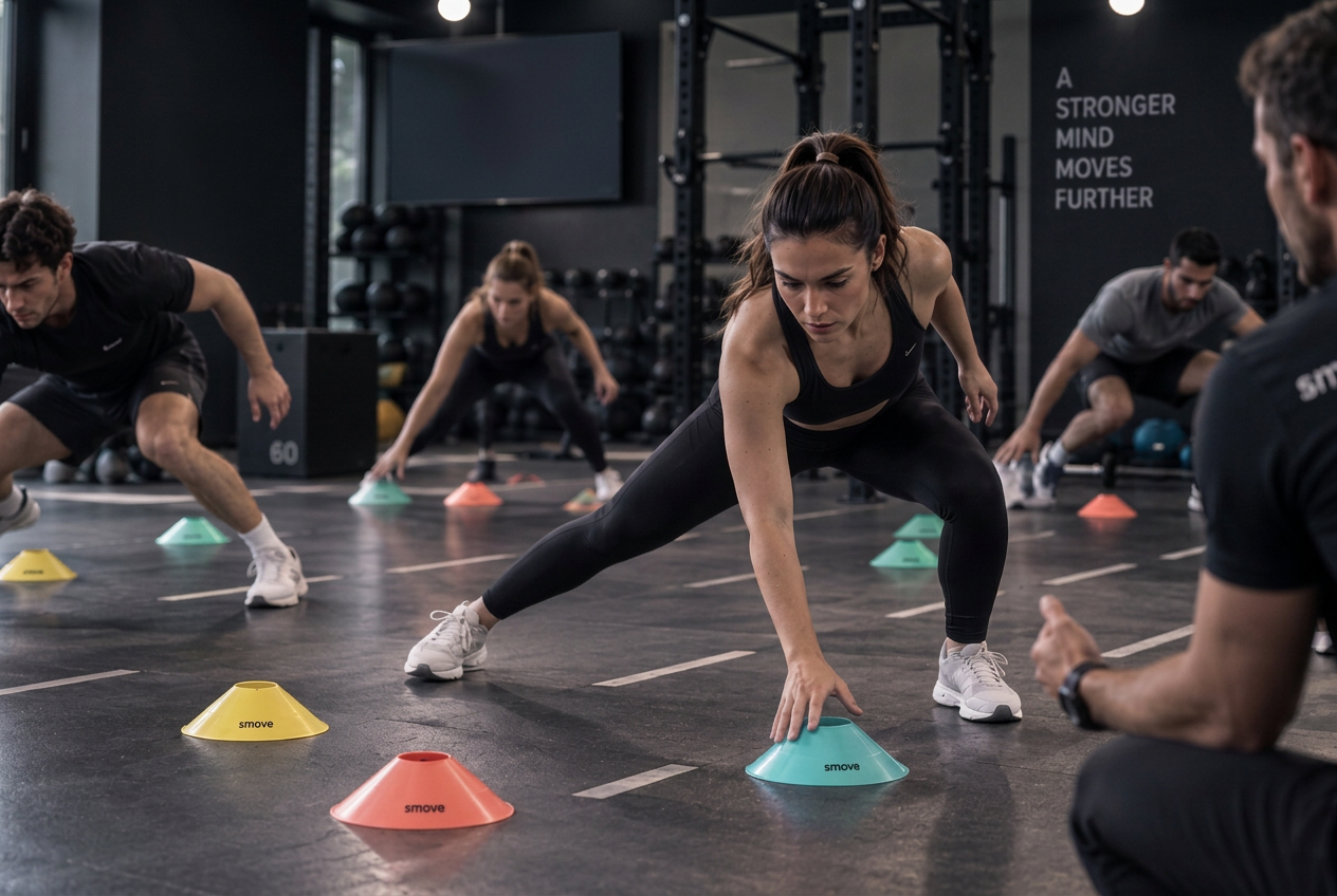 Athletes touch colour-coded cones across the gym floor while a coach leads an active smove drill