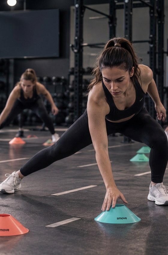 Athletes touch colour-coded cones across the gym floor while a coach leads an active smove drill